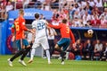 Spain national football team centre-back Gerard Pique against Russia national team striker Artem Dzyuba Royalty Free Stock Photo